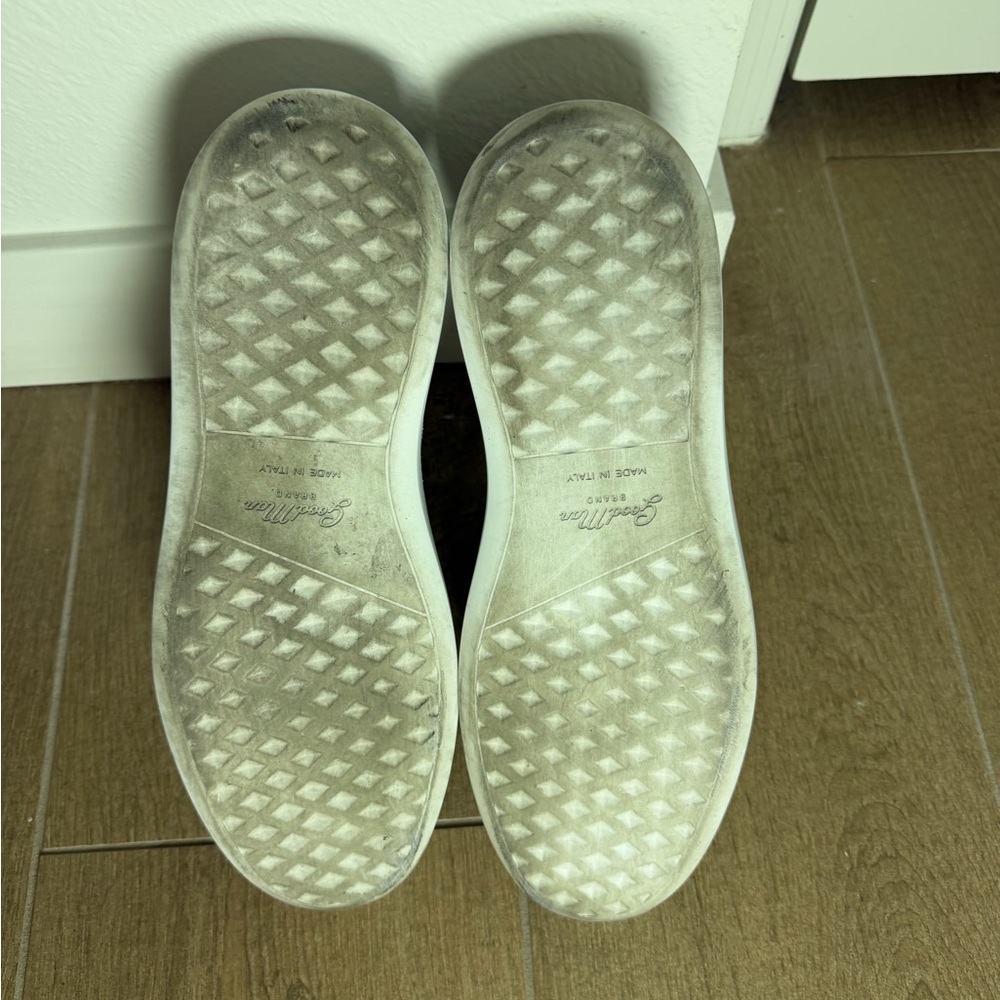 White Leather Low-Top Sneakers with Brown Leather Accents - Picture 2 of 11